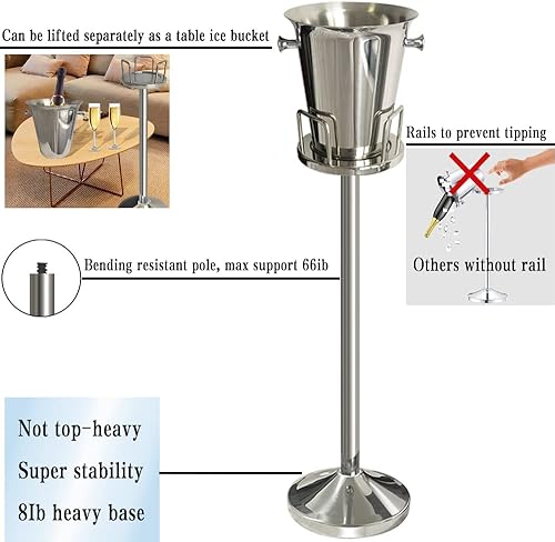 Miniatura 3 de Cubo de hielo con soporte 201 Cubo de hielo de acero inoxidable de pie martillado cubo de hielo de 13 libras con asa de transporte para vino,