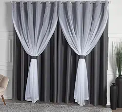 Cortina Solaris Blackout/Bleucate de Tecido com Voil 3,00m x 2,50m Alt com Ilhós Cromado e Abraçadeiras - Chumbo