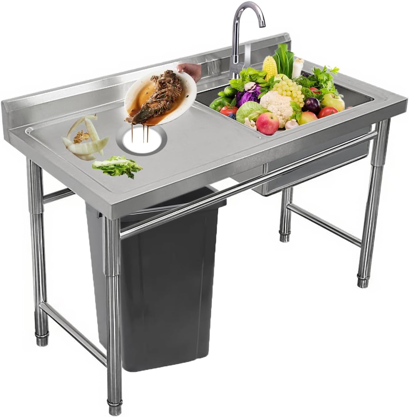 Laundry Sink Commercial Sink, Single Basin, Multi-Purpose Sink, Outdoor Multi-Purpose Sink with Holes for Disposing Garbage, with Workbench and Cold and Hot Water Tap for Laundry Room