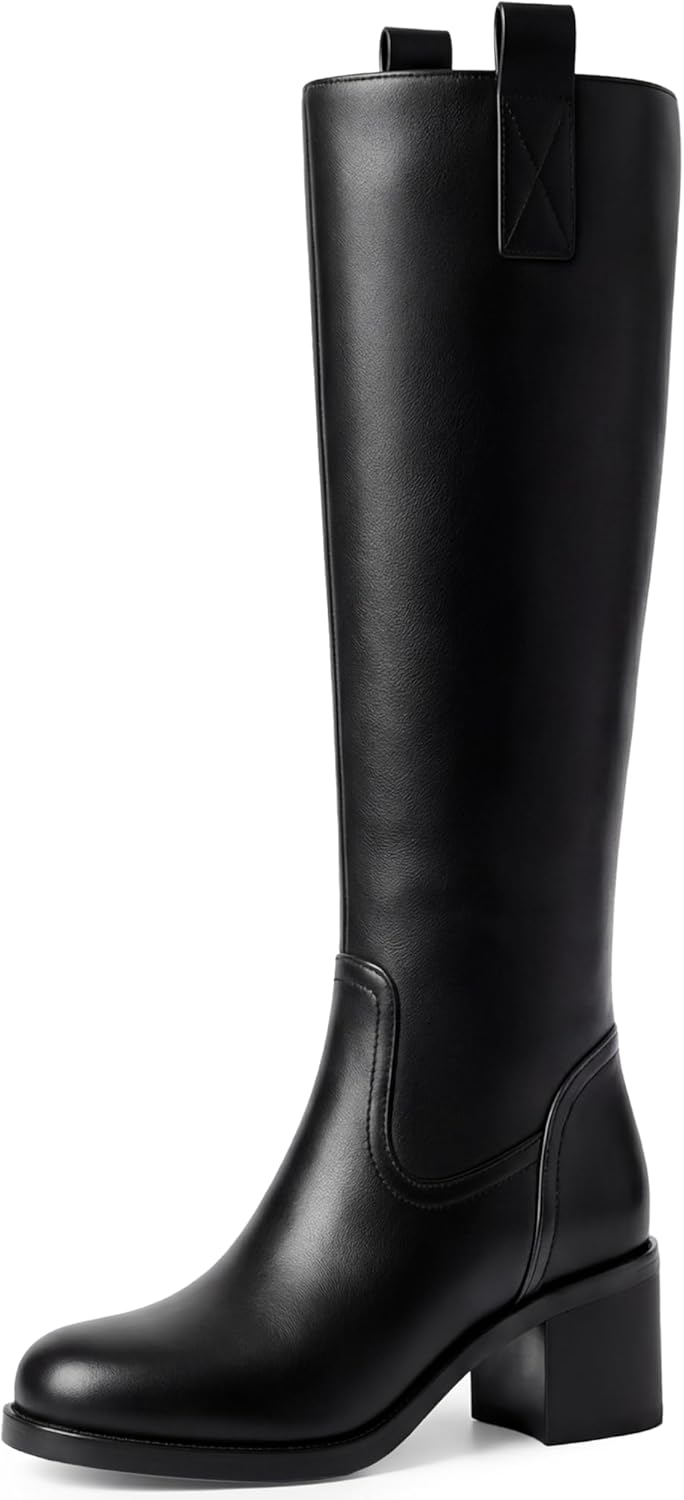 Wide Calf Knee High Boots for Women Premium Faux Leather Tall Riding Boots with Square Toe and Chunky Block Heel Pull On Dress Boots