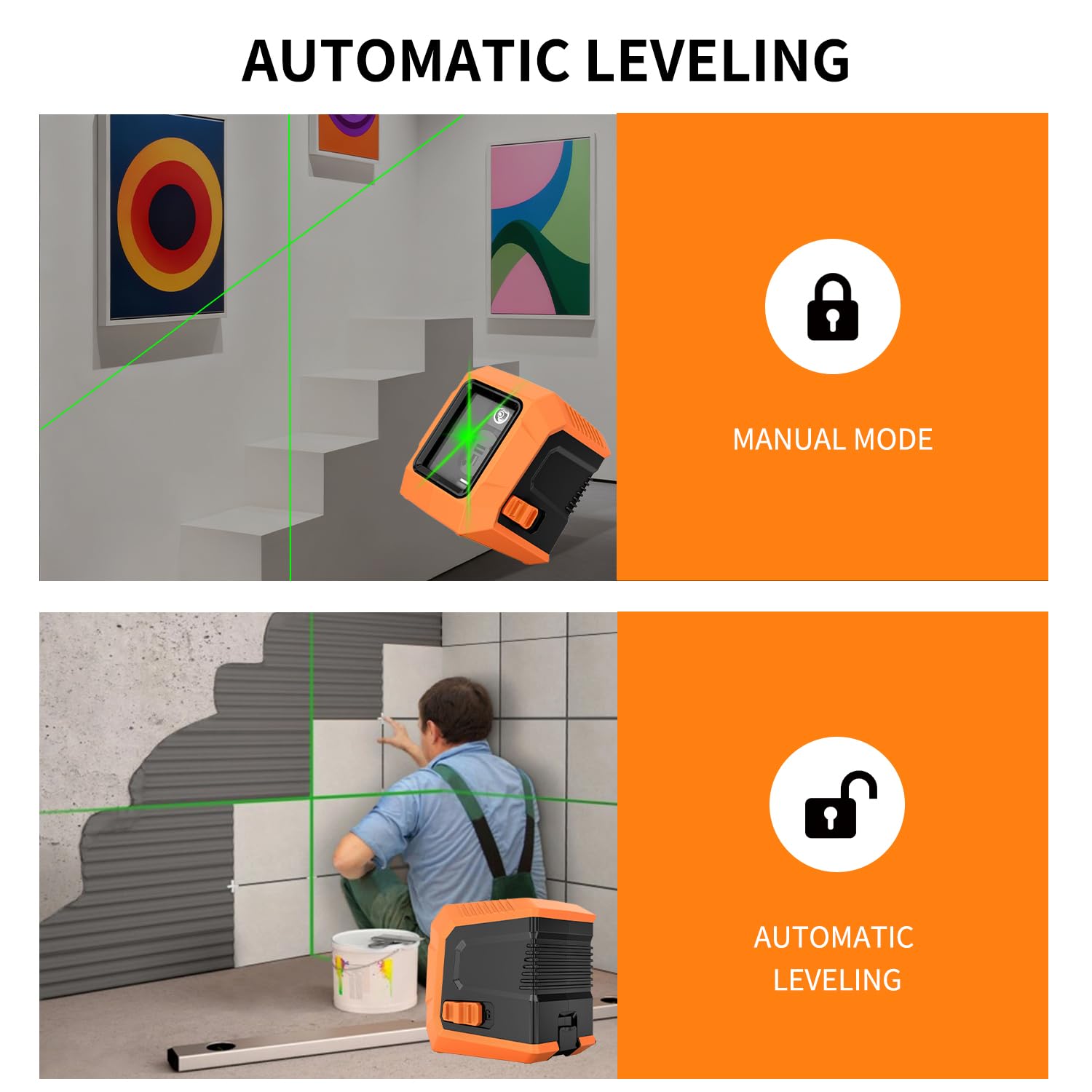 Grünkreuz-Laser Nivelliergerät, Automatische Nivellierung, Helligkeitsregelung, IP54 Schutz, Kompakt und Tragbar für Innen- und Außenbau, Montage und Gegenstandsaufhängung