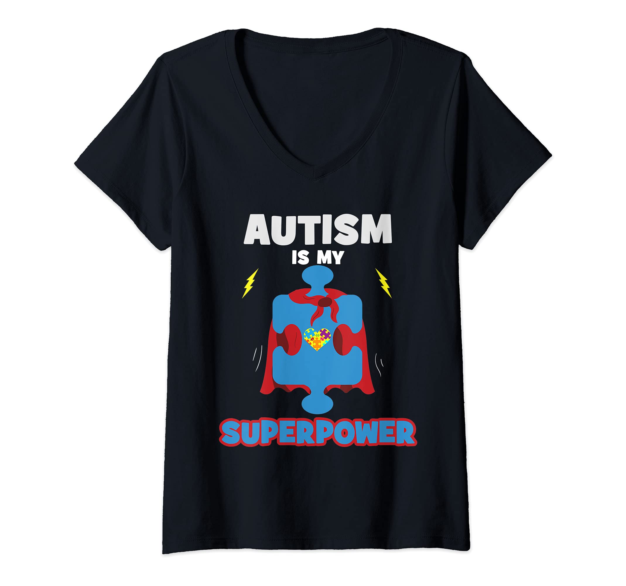 Womens Autism is my Superpower Autism Awareness Puzzle Kids Gift V-Neck T-Shirt
