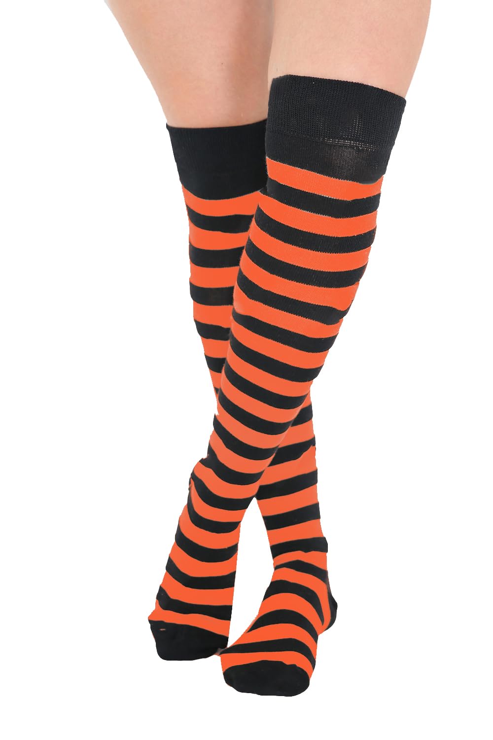 Ploutos World Wide Womens Ladies Stripe Over The Knee Socks Thigh High Girls Stretchy OTK Socks Fancy Dress Socks One Size (Orange black)
