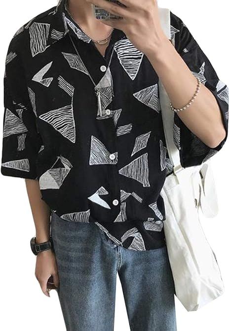 Amazon Ellteメンズ シャツ プリント 幾何学模様 オシャレ 半袖シャツ ワイシャツ ゆったり 黒 白アウトドア 開襟シャツ 薄手 夏用 トップス カジュアルシャツ かっこいい シャツ 通販