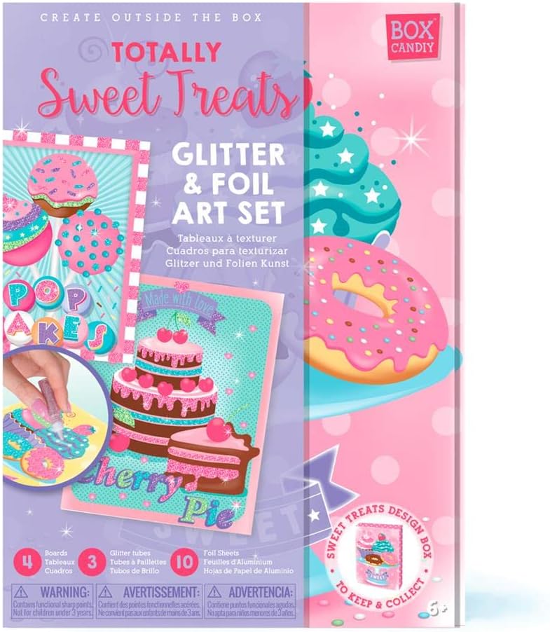 Box Candiy: Totally Sweet Treats Glitter and Foil Art Craft Set: 4 Glitter Boards, 4 Glitter Tubes and 8 Foil Sheets, Keepsake Gift Box, 4 x 17 x 23 cm, 6+