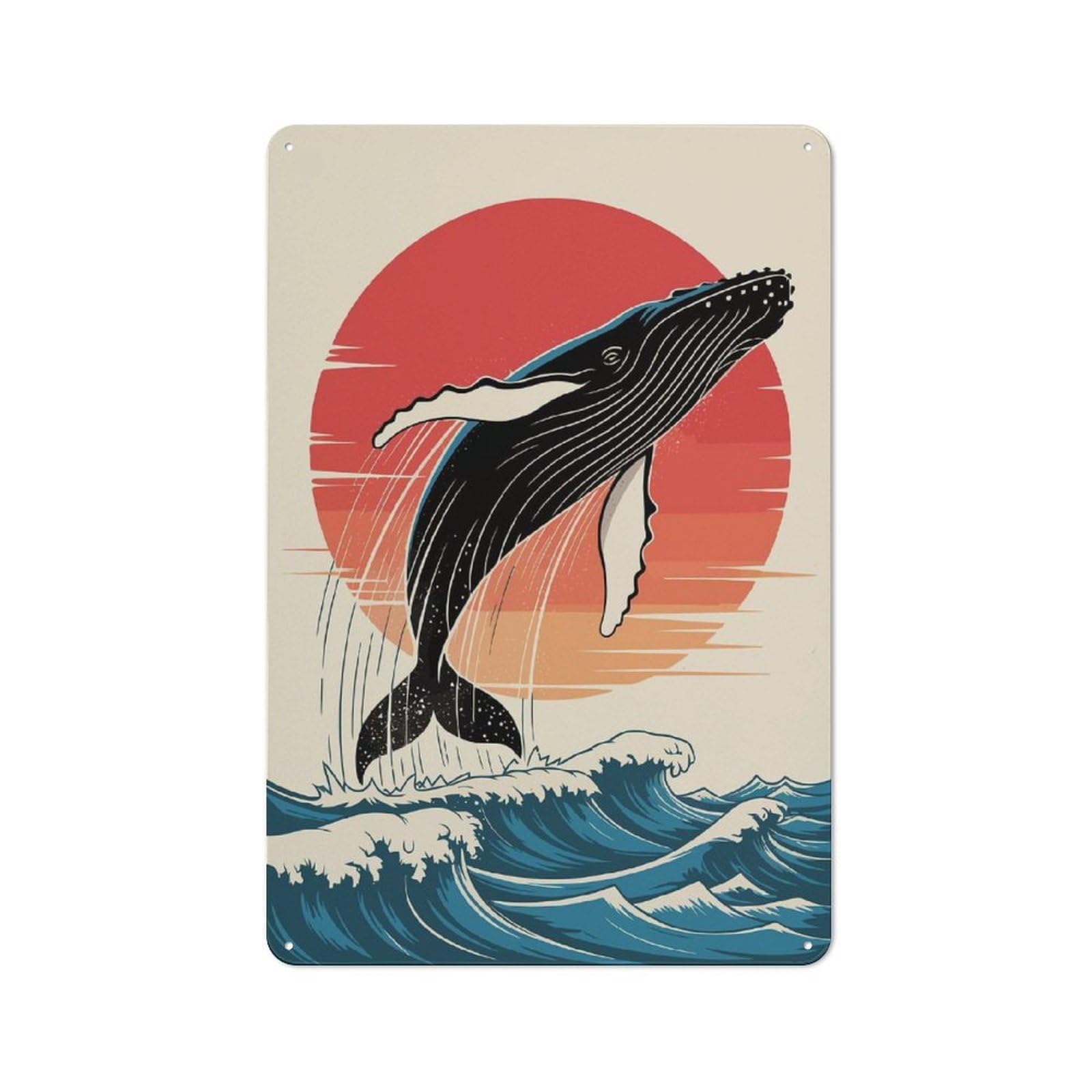 Metal Wall Sign 30x20cm Featuring Humpback Whale Breaching at Sunset for Hallway Wall, for Kitchen, Dining Room And Home Bar Wall Decor