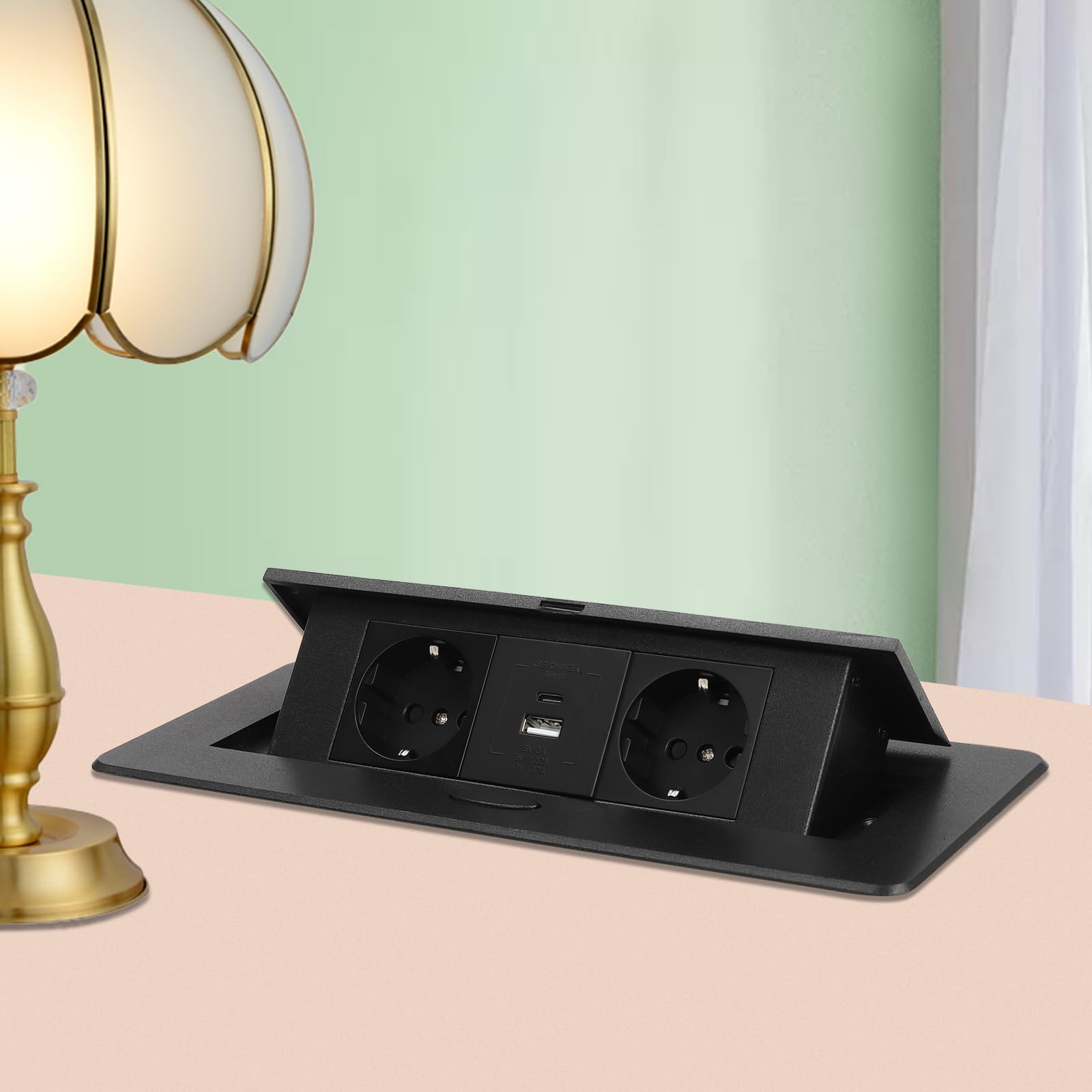 Prise encastrable escamotable pour bureau - 250 V - USB type C - Charge rapide - Pop Up - Prise de table - Peu encombrante - Pour plan de travail et bureau - Noir