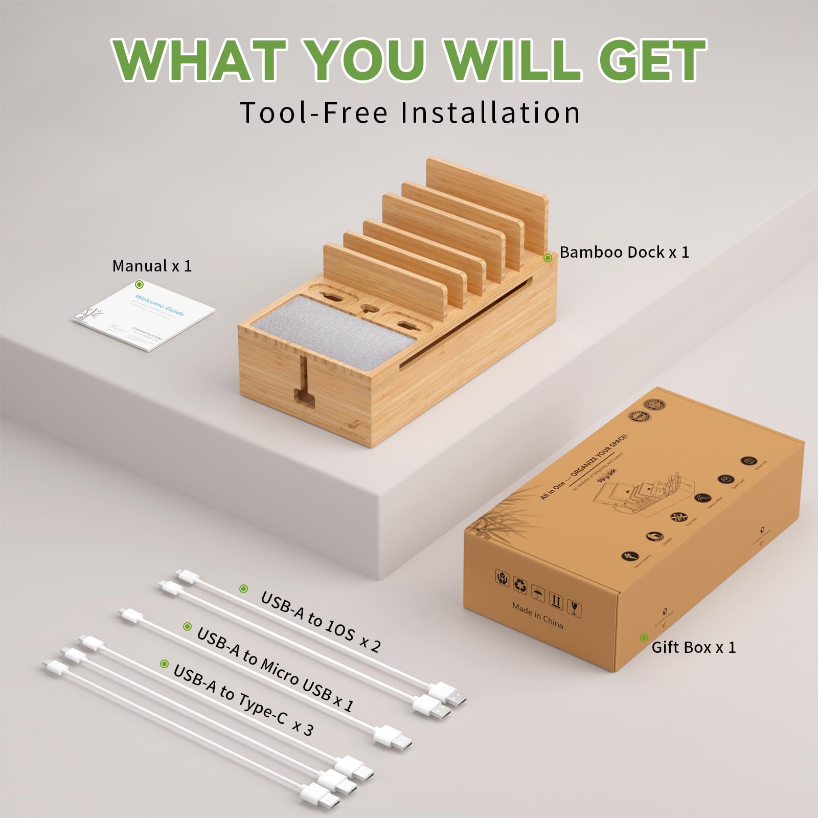 Cell Phone Charging Station for Multi Devices, All in One Desktop Charger Organizer, with Power USB Charge Adapter and 5 Cables, Use As Power Strip Hidden Box -Natural Bamboo Color