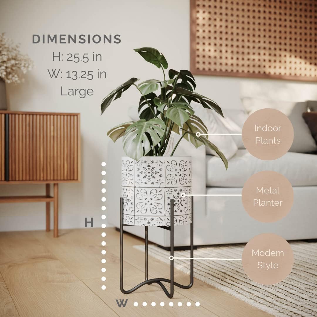 EverNest Tristan White and Black Bohemian Design Neutral Planter with Ambrose Stand, SelectBase Indoor Plant Pots, Minimalist Style, Home Decor Plant Holders (Large, Black)