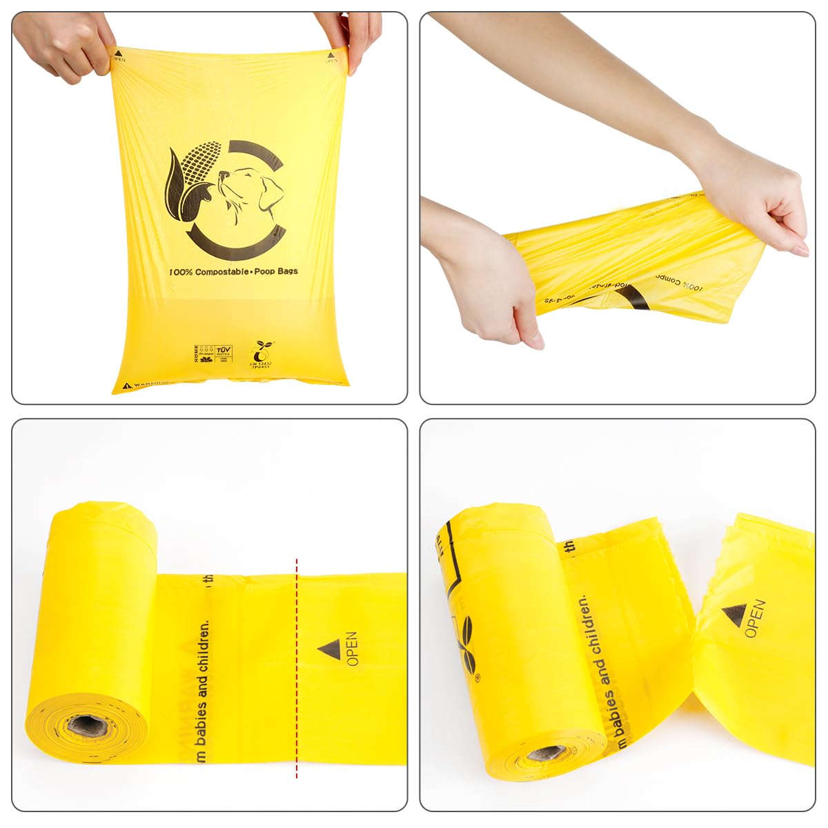 Bolsas compostables certificadas para excrementos de perro, 270 bolsas ecológicas y a prueba de fugas, bolsa de excrementos de perro 100% amarillo maíz fácil de abrir, 15 bolsas para perros por rollo