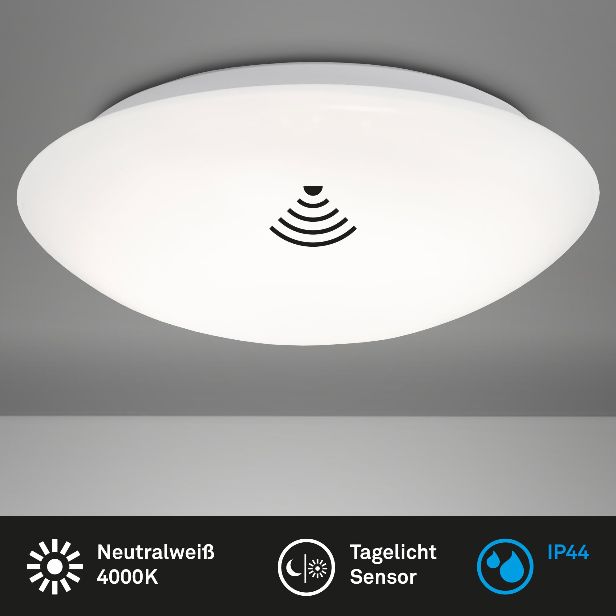 BRILONER - LED Deckenlampe Bad mit Bewegungsmelder, Dämmerungssensor, neutralweiße Lichtfarbe, LED Deckenleuchte, Lampe, Badlampe, Badezimmerlampe, Küchenlampe, Feuchtraumleuchte, 38x7 cm, Weiß