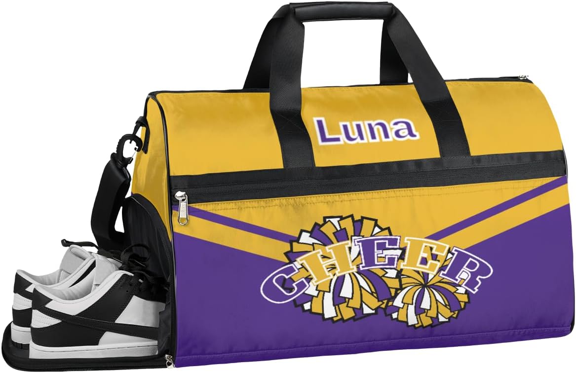 Personalized Cheerleaders Duffel Bag for Girl Women, Custom Name Sport Gym Bag with Shoes Compartment Dance Bag Yoga Overnight Weekender Bag Orange Black White Cheer