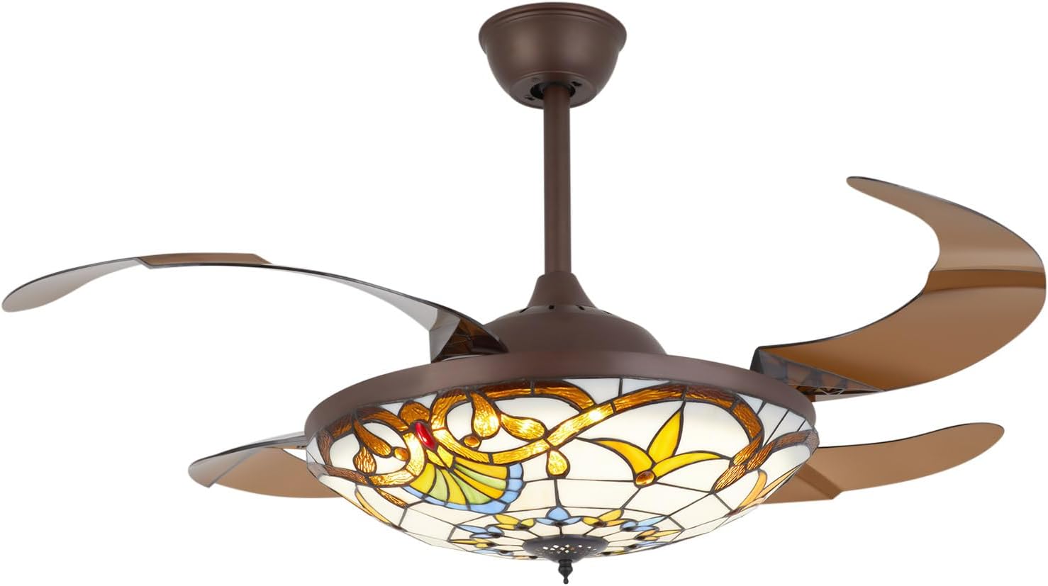 Tiffany Style Invisible Ceiling Fan,Retractable Blades 3 Speeds 3 Light Changes Home Fandelier Chandelier Fan,Hotel Ceiling Lighting Fixture with Lights and Remote Control 42 Inch