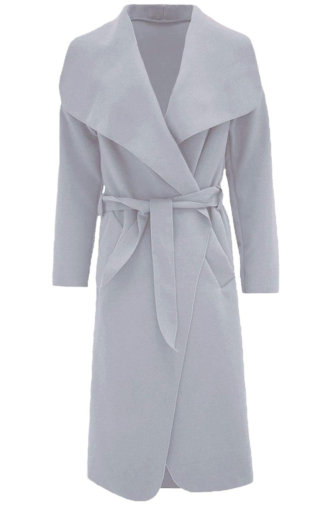 FAIRY TRENDZ LTD Womens Ladies Italian Trench Long Coat Waterfall Duster Cape Belted Cardigan Winter Wear Jacket Wrap Coat Silver UK 8-10