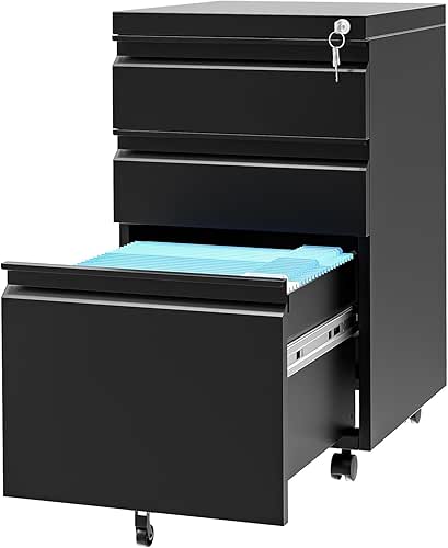 3 Drawer File Cabinet with Lock, Under Desk Metal Mobile
