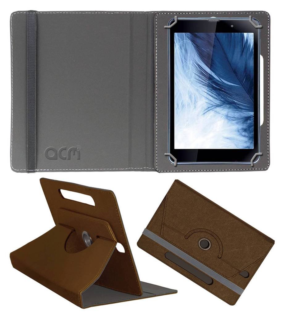 Acm Designer Rotating Leather Flip Case Compatible with Iball Co-Mate Tablet Cover Stand Brown