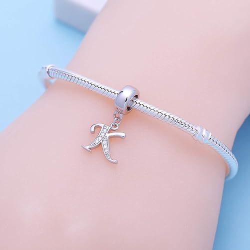 Miniatura 5 de ABUN Abalorio de plata de ley 925 con letra A a la Z espaciador de inicial con circonita cúbica transparete colgante auténtica para pulseras de