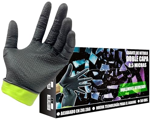 JOMAFA Guantes de Nitrilo DOBLE CAPA EXTRA GRIP ULTRA resistentes Reutilizables 8,5 micras / 10 gramos, pack de 50 (Talla M)
