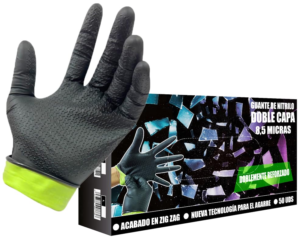 JOMAFA Guantes de Nitrilo DOBLE CAPA EXTRA GRIP ULTRA resistentes Reutilizables 8,5 micras / 10 gramos, pack de 50 (Talla M)