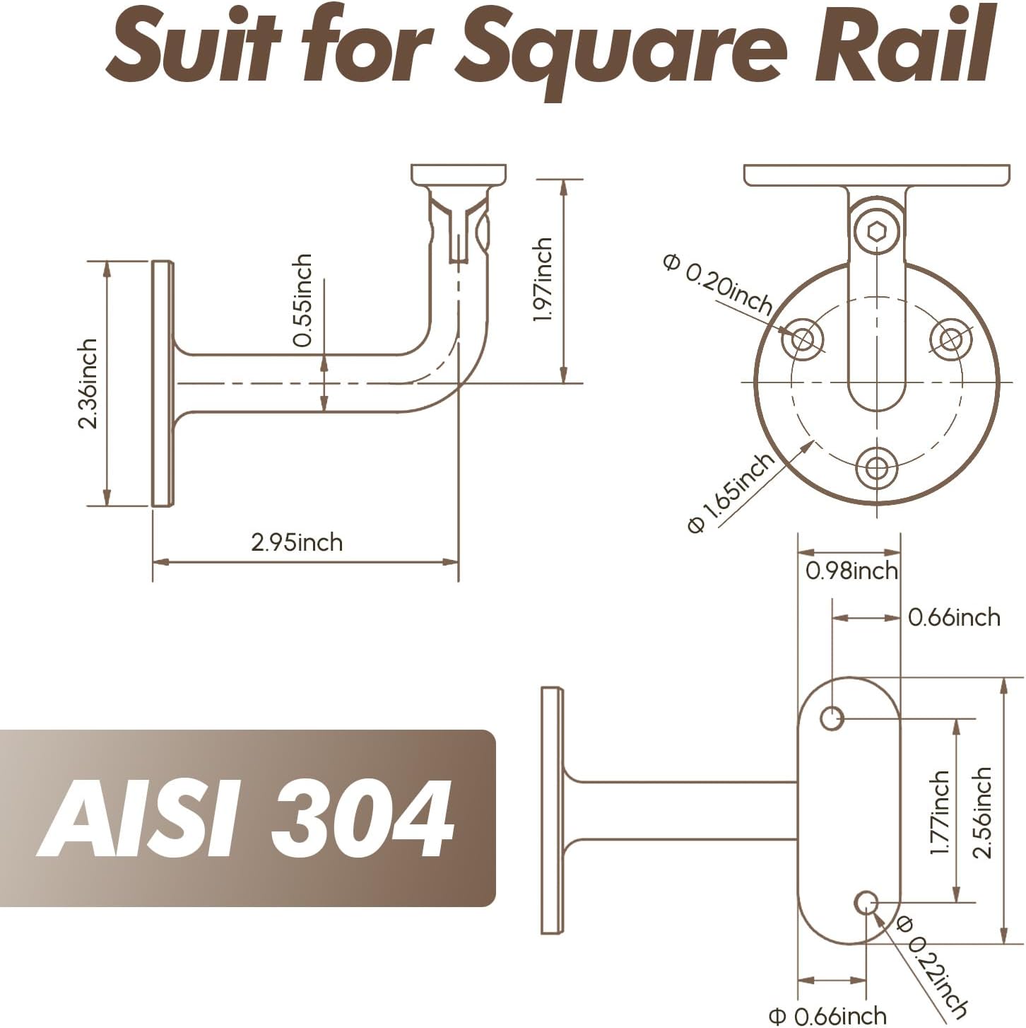 Heavy Duty Handrail Brackets, 304 Stainless Steel Adjustable Wall Mount Hand Rail Bracket, Satin Finish Stair Railing Holder Indoor Outdoor for Staircase, Banister - 2 Pack