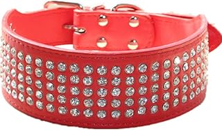 Haoyueer Rhinestones Dog Collars 5 cm Width 5 Rows Full Sparkly Crystal Diamonds Dazzling Sparkling Elegant Fancy PU Leather Dog Collar for Medium & Large Dogs(Red,L)