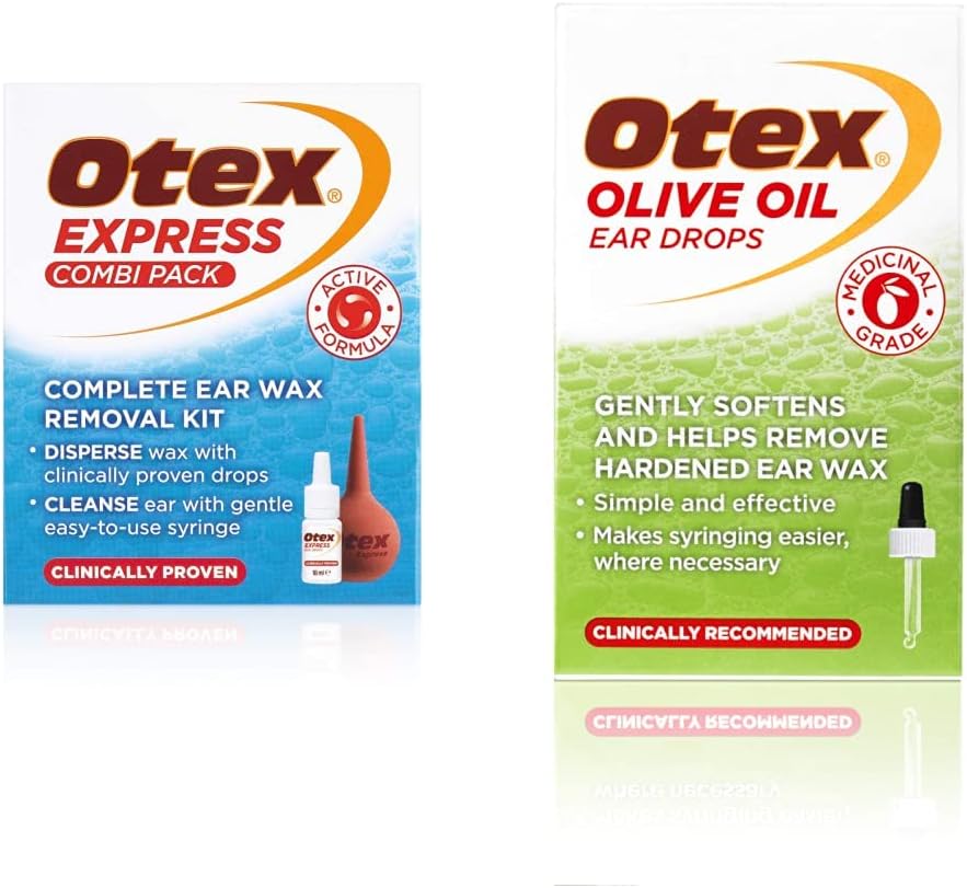 Express Combi Pack Drops with Ear Syringe, 10ml & Olive Oil Ear Drops, 10ml. Ear Wax Removal Drops For Excessive, Hardened Ear Wax