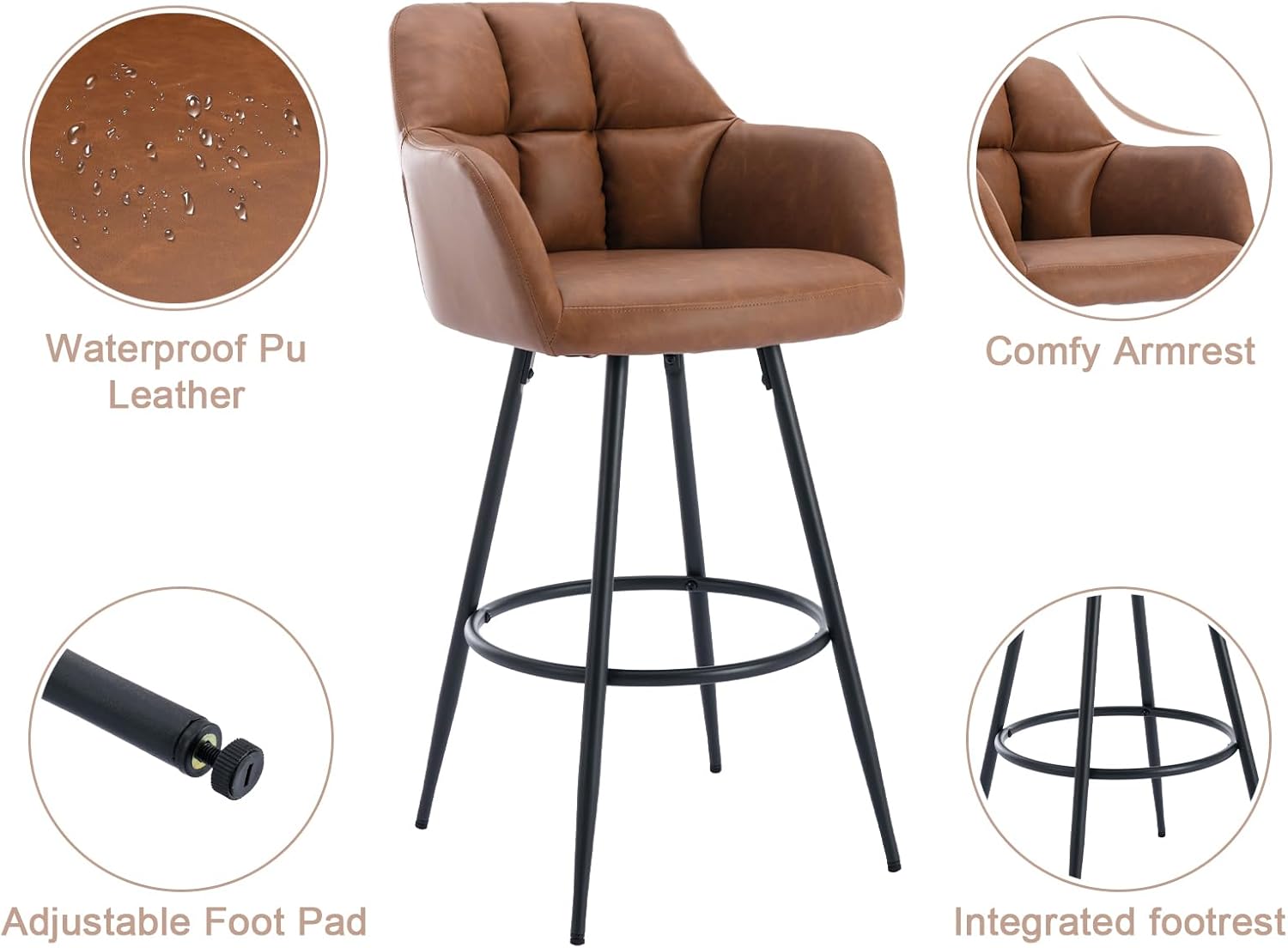 Shunzhi Brown Leather Bar Stools Set of 2 Modern Upholstered Bar Height Barstools Vintage High Island Chairs with Metal Frame/Back/Arms for Kitchen/Home Pub/Dining Room, 30 inches