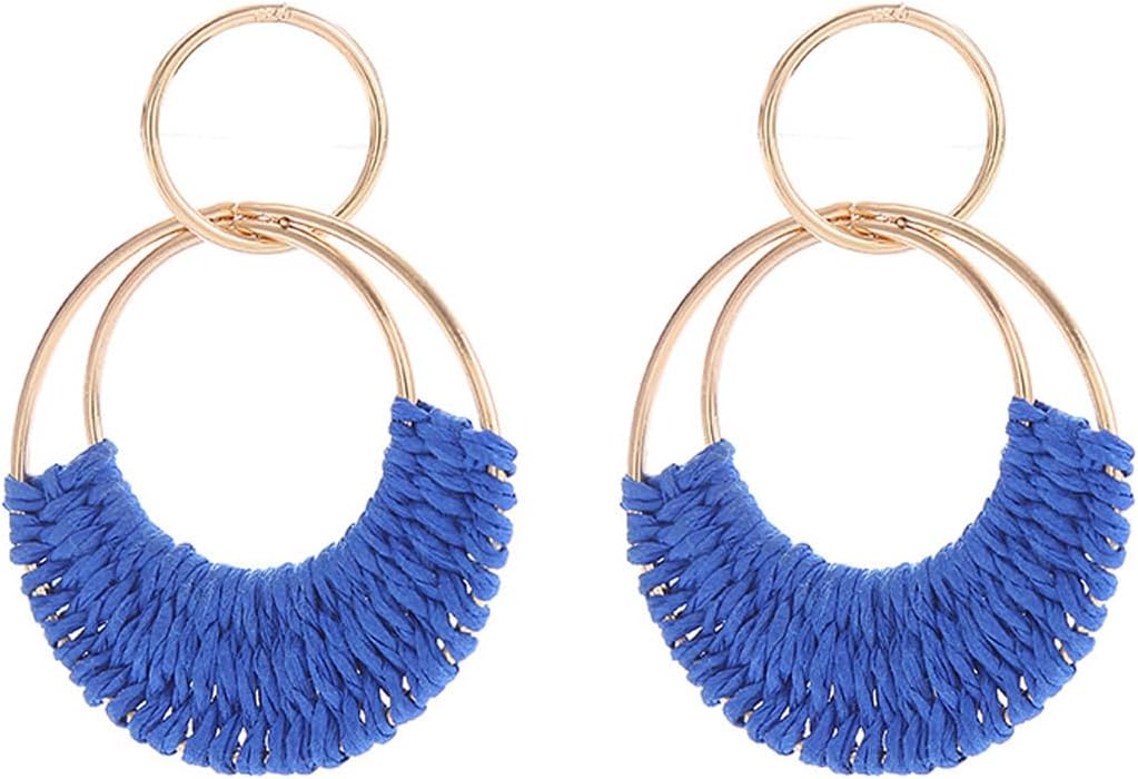 Handmade Boho Raffia Hoop Earrings Statement Geometric Round Braided Straw Wicker Rattan Earrings for Women Beach Summer Jewelry