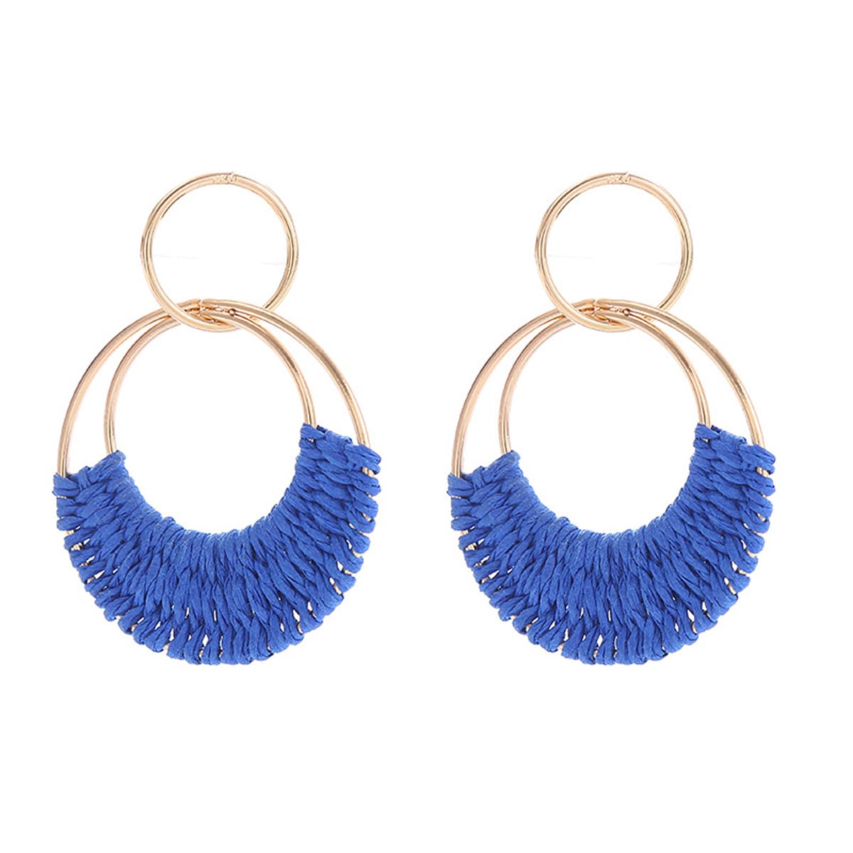 Handmade Boho Raffia Hoop Earrings Statement Geometric Round Braided Straw Wicker Rattan Earrings for Women Beach Summer Jewelry