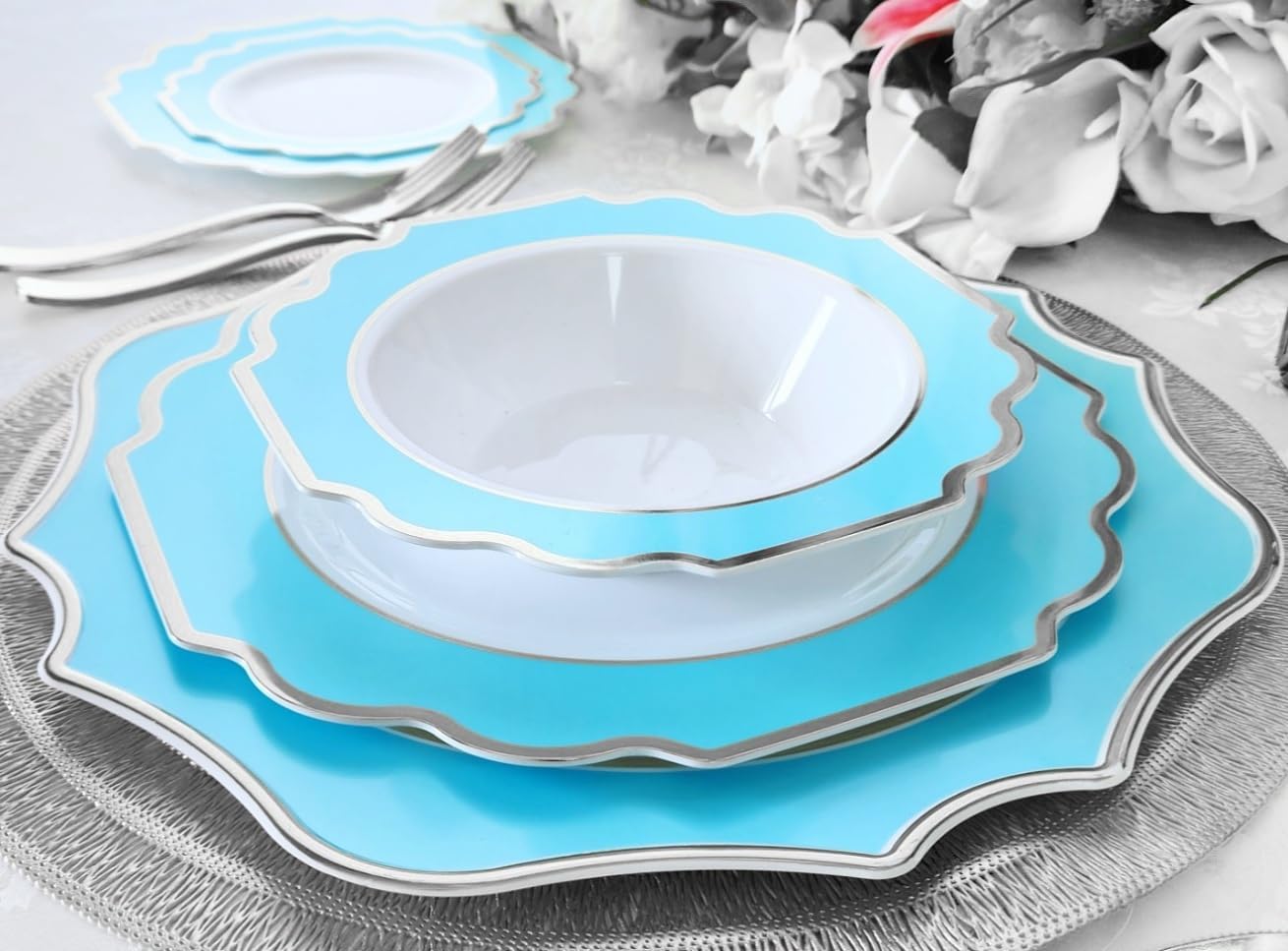 " OCCASIONS " 200 Piece set (25 Guests)-Wedding Plastic Plates & cutlery -Disposable heavyweight Dinnerware 10.5'', 8''+Silverware+10oz Cups+Napkins (Imperial in White & Blue & Silver)