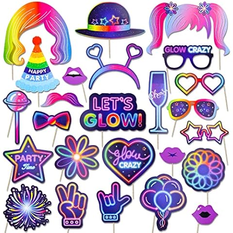 Qpout 25 Pieces Glow Party Photo Props, Neon Party Photo Booth Props, Fluorescent Selfie Props, Glow in The Dark Party Photo Props Posing Props Bar Decoration Cover