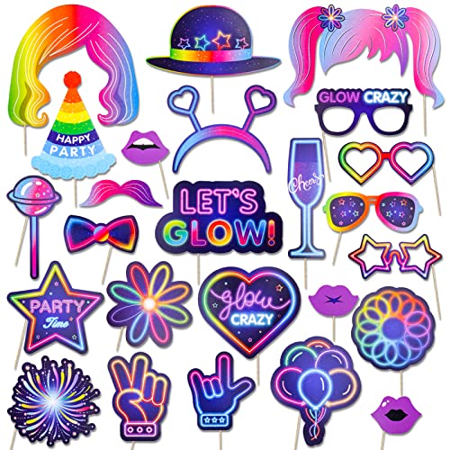 Qpout 25 Pieces Glow Party Photo Props, Neon Party Photo Booth Props, Fluorescent Selfie Props, Glow in The Dark Party Photo Props Posing Props Bar Decoration