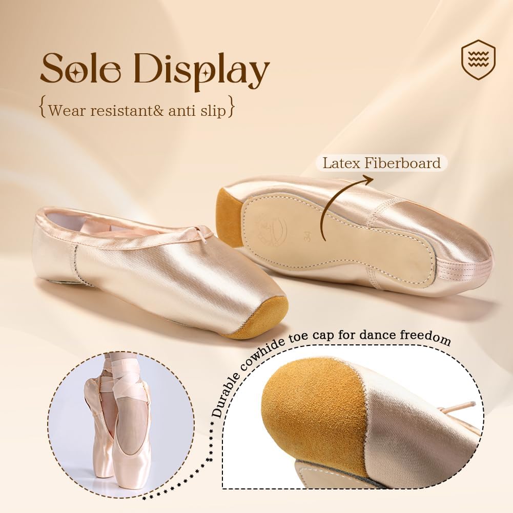 SWDZM Professional Ballet Pointe Shoes Satin for Women Leather Sole Ballet Pointe Dance Shoes with Toe Pads