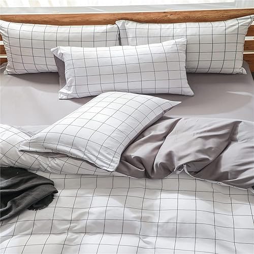 Miniatura 6 de NSNLGSGC Juego de funda de edredón tamaño individual, color blanco cuadrícula, juego de ropa de cama suave lavado para niños (2 piezas, individual)