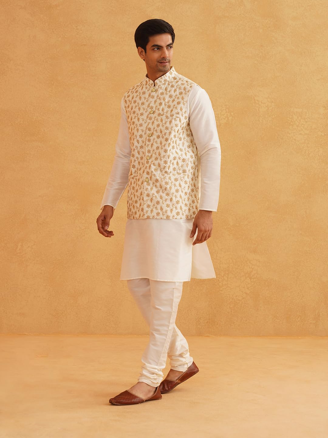 Sojanya (Since 1958 Men's Silk Blend Cream Kurta Pyjama With Embroidered Cream Nehru Jacket
