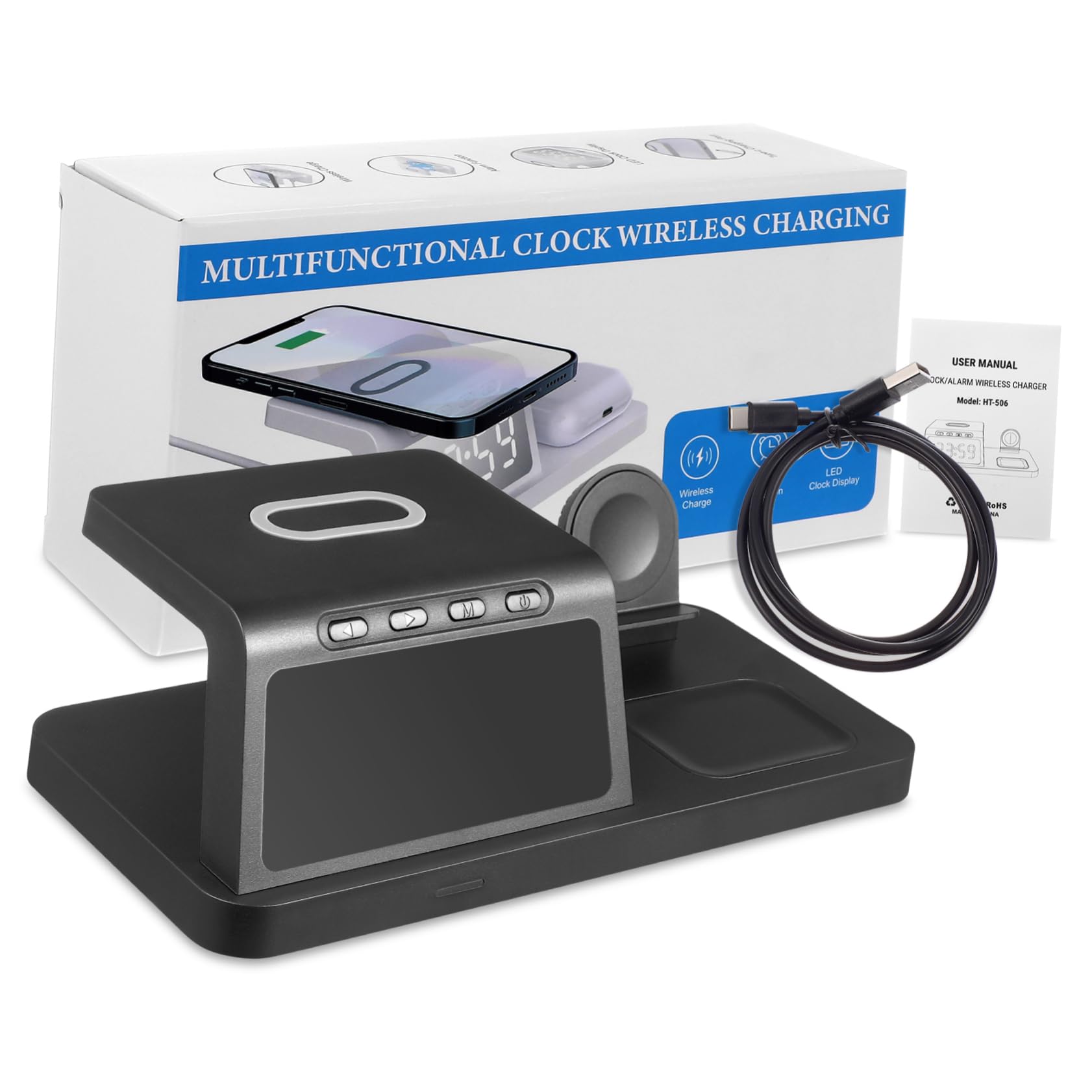 Estación de Carga Inalámbrica Rápida para Teléfono, Auriculares y Reloj Inteligente, Multifuncional para Oficina y Hogar, Compatible con iPhone, Reloj Inteligente y Auriculares