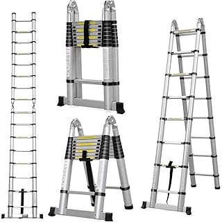 Telescopic A-Frame Ladders 16.5Ft/5M (2.5M+2.5M), Aluminium Extension Portable Compact Folding Tall Straight Climb Ladder for Outdoor Indoor Home Loft Office EN131 Small Gift