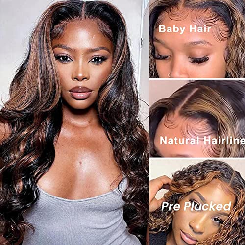 Arabella 24Inch Highlight Ombre Lace Front Wig Human Hair 13X4 Hd Transparent 1B/30 Honey Blonde Lace Front Wig Human Hair Pre Plucked Colored Wigs Human Hair 180% Density Body Wave Lace Front Wig Human Hair #TOP3