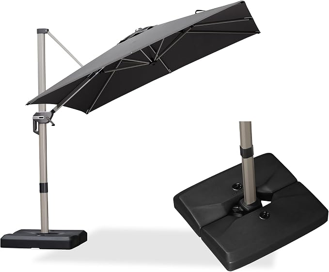 PURPLE LEAF Outdoor Umbrella with Base 8' x 8' Modern Champagne Frame Grey