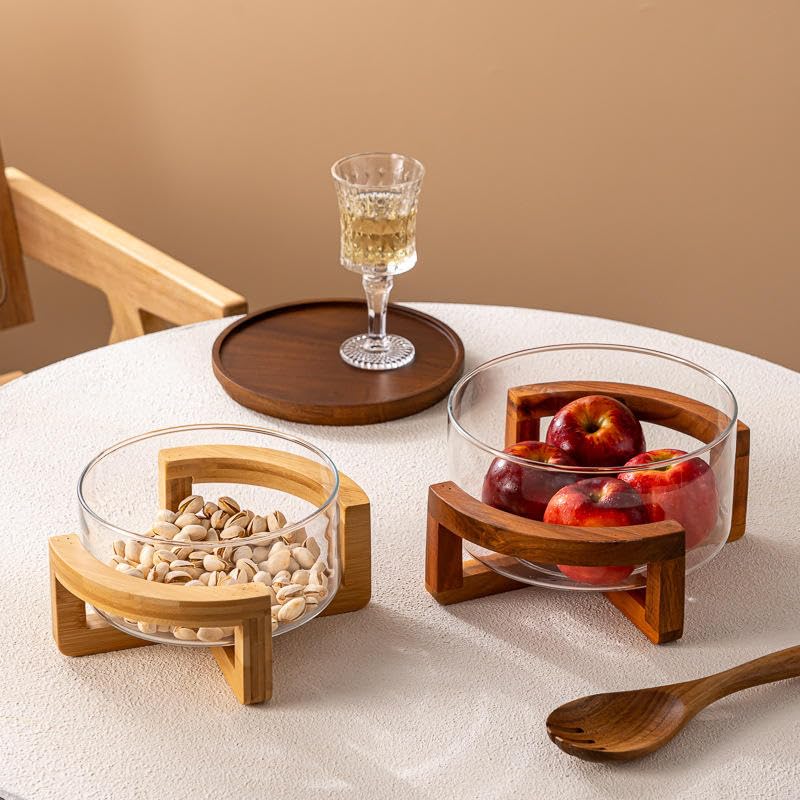 Image of Premium Glass Fruit Bowl with Natural Bamboo StandSet of 1, Large Modern Decorative Centerpiece for Kitchen Countertop Versatile Serving Bowl for Salads, Snacks, and Table Decor