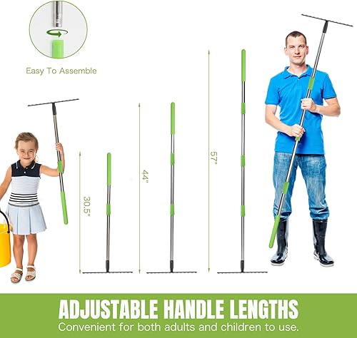 Miniatura 4 de Joyhalo Rastrillo de jardín de 14 dientes, longitud ajustable de 30.5 a 57 pulgadas, metal, nivela suelo y rocas