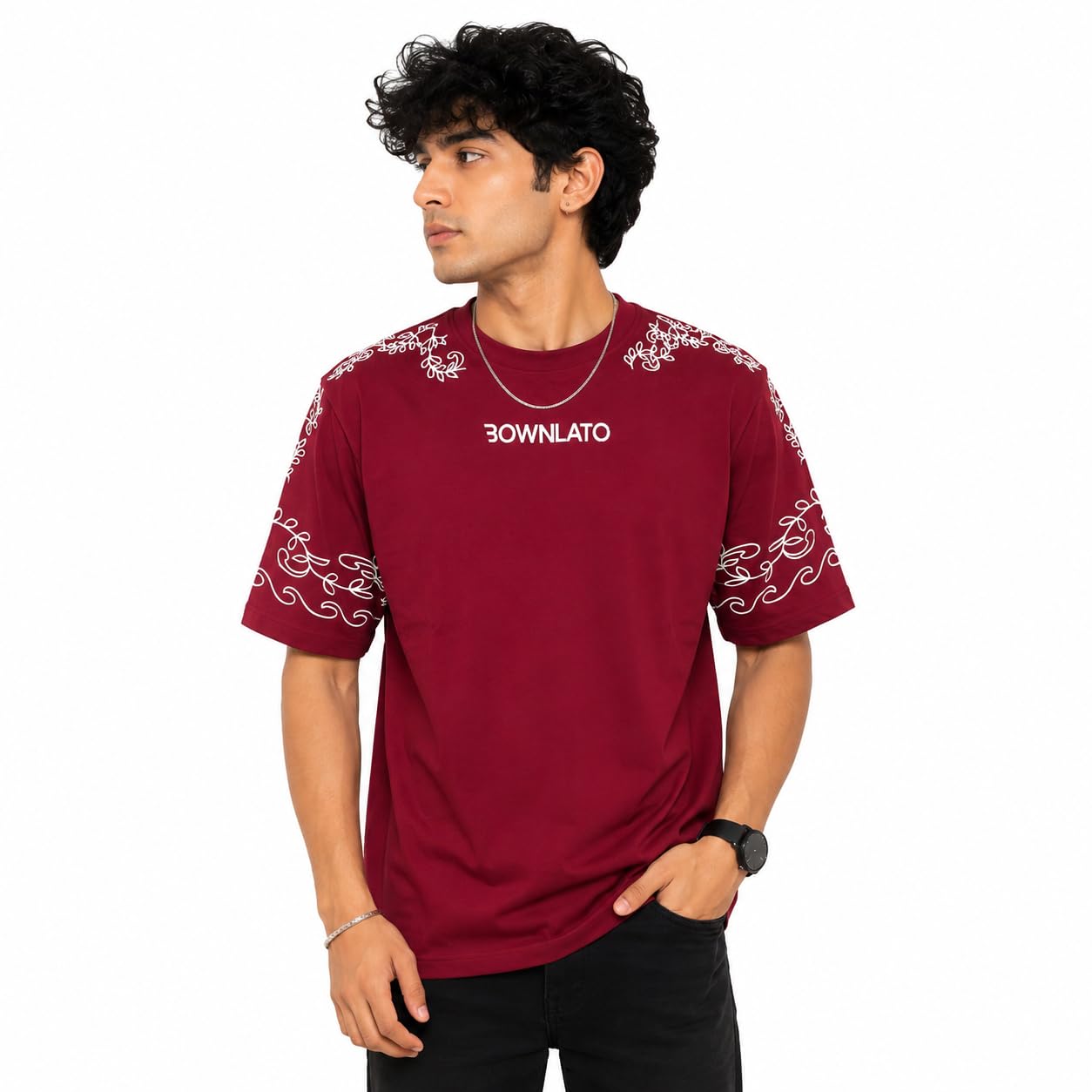 Mens Oversized Half Sleeve Printed T-Shirt Burgundy Drop Shoulder-picture-45