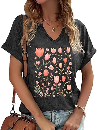 Womens Vintage Flowers V Neck Printed Shirt Funny Boho Flower Graphic Tee Casual Wildflower Botanical Short Sleeve