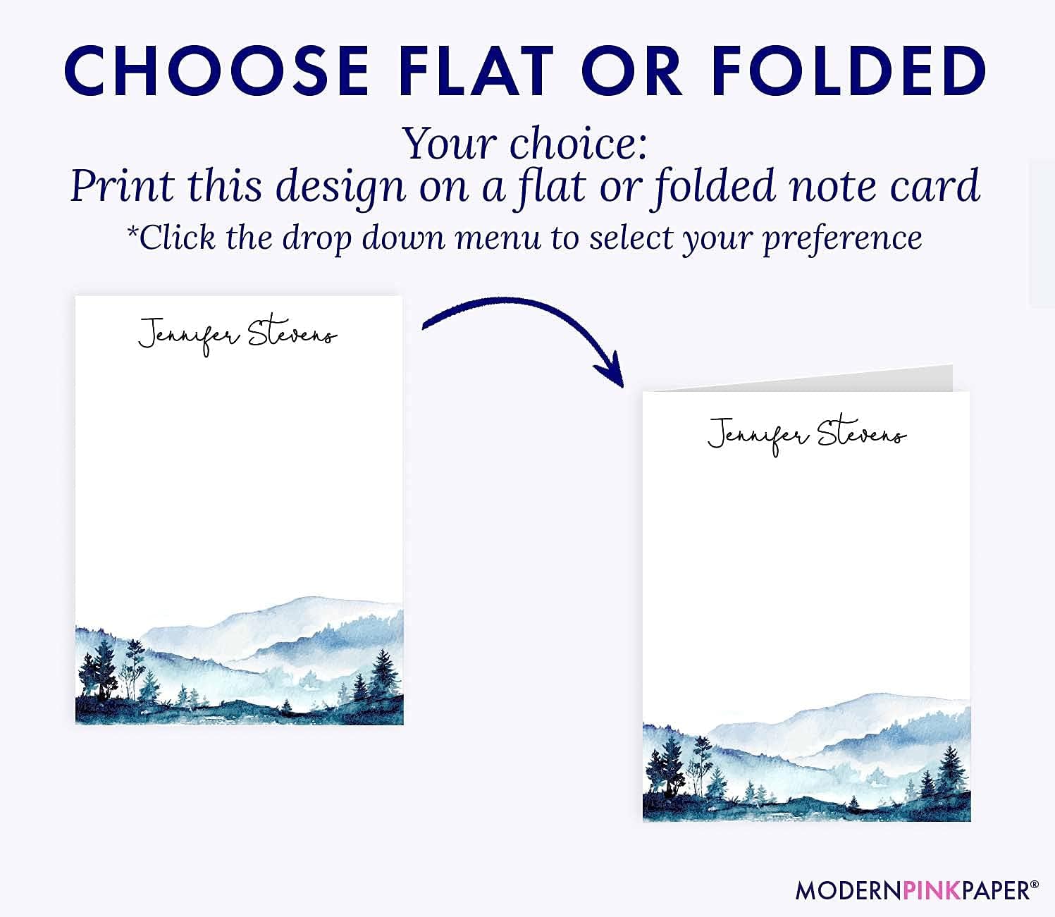 Personalized Mountain Stationery Set, Custom FLAT OR FOLDED Rustic Note Cards, Watercolor Stationery with Envelopes, Your Choice of Colors and Quantity