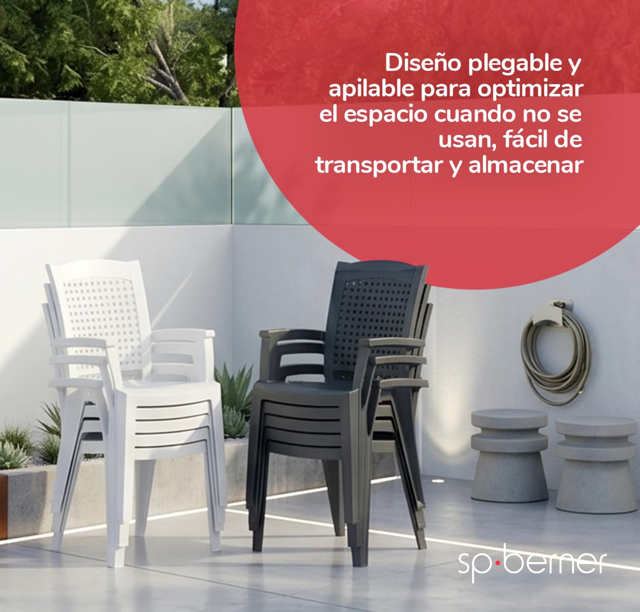 SP Berner SHAF - Pack 4 Sillas - Jardín Exterior y Terraza - Plástico Reciclado Resistente UV - Apilables - Modelo Metal - Blanco