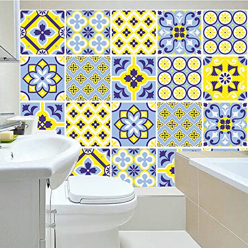 Credence Adhesive Pour Cuisine Fleurs Bleu Jaune Stickers Cuisine Auto-Adhésif PVC Stickers Muraux Cuisine Étanche Stickers Carrelage Cuisine Adhesive Sticker Salle de Bain1 Pièces(10X50cm) Cover