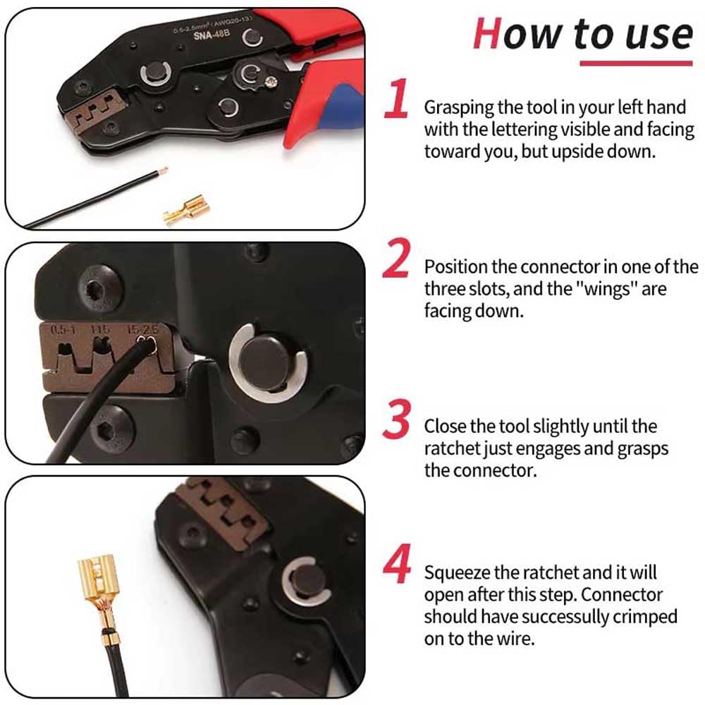 UpToDateTools Non-insulated 20-13 AWG Open Barrel Crimping Tool 0.5-2.5mm², Ratcheting Crimper for Dupont Molex JST TE Terminals & EPC PCIE SATA Pins - SNA-48B 1
