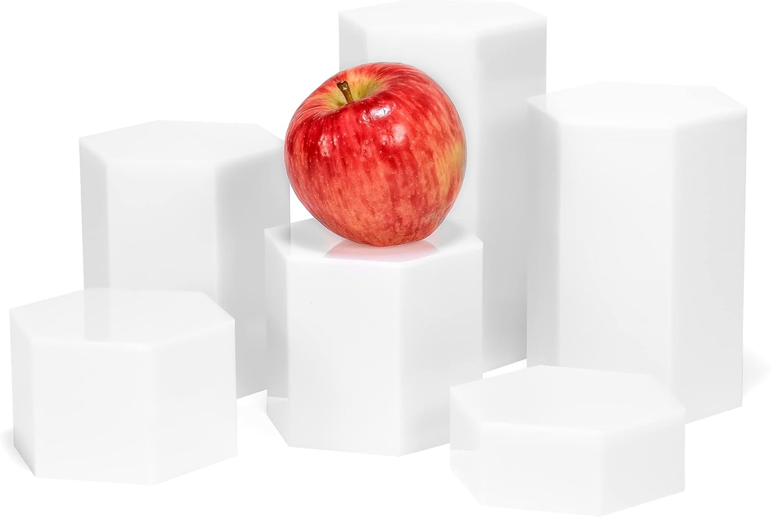 Red Co. Glossy White Hexagonal Acrylic Jewelry Figure Showcase Display Riser Stands with Hollow Bottoms |6-Pack
