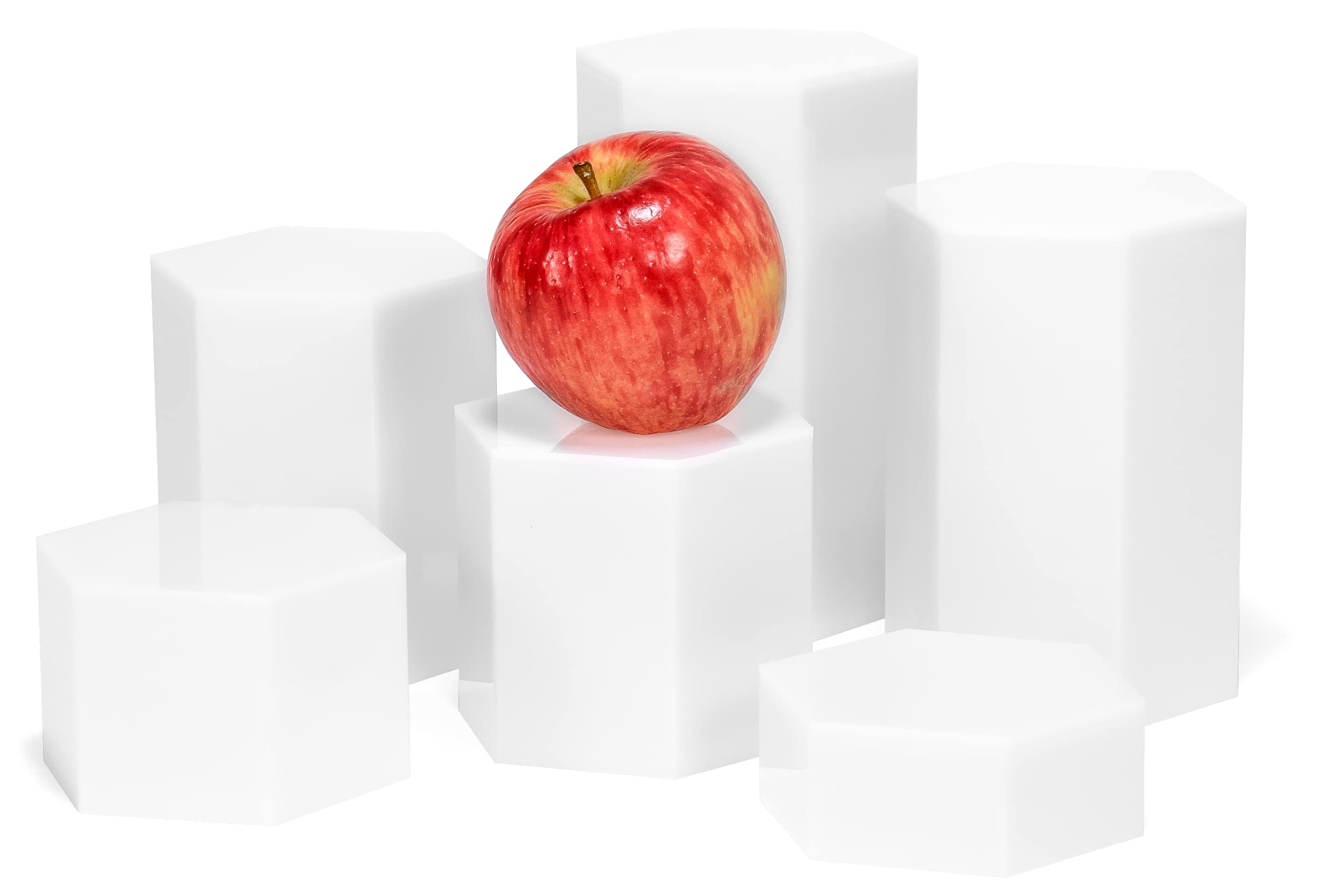Red Co. Glossy White Hexagonal Acrylic Jewelry Figure Showcase Display Riser Stands with Hollow Bottoms |6-Pack