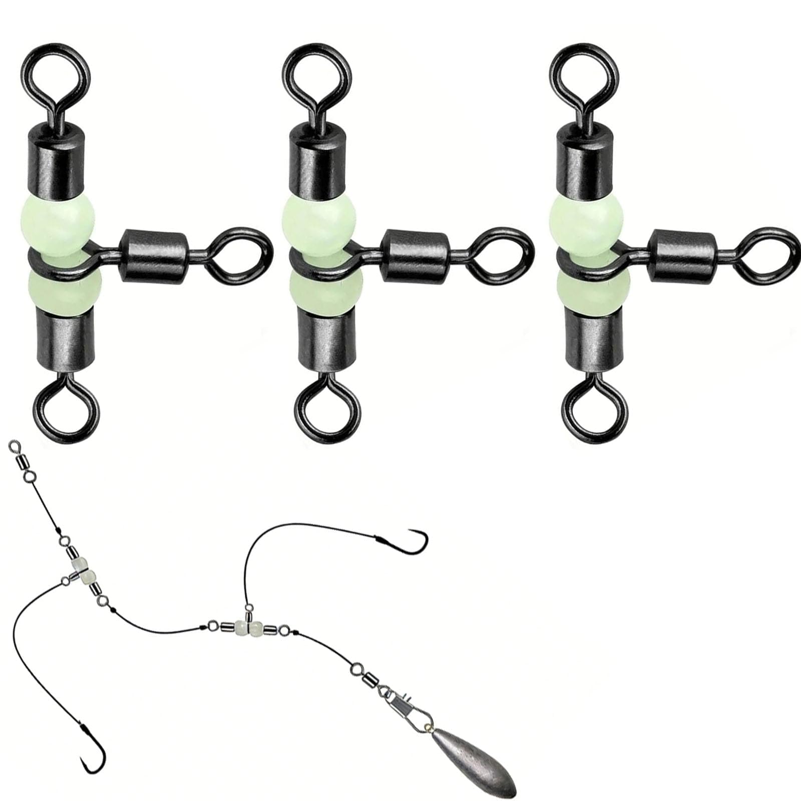 Tniytru 30pcs Stainless Steel Three-Way Swivel Rigs with Glow Beads, Durable Saltwater Fishing Connector Tackle for Night Fishing & Bottom Feeders – Enhanced Attraction Sea Fishing Accessories